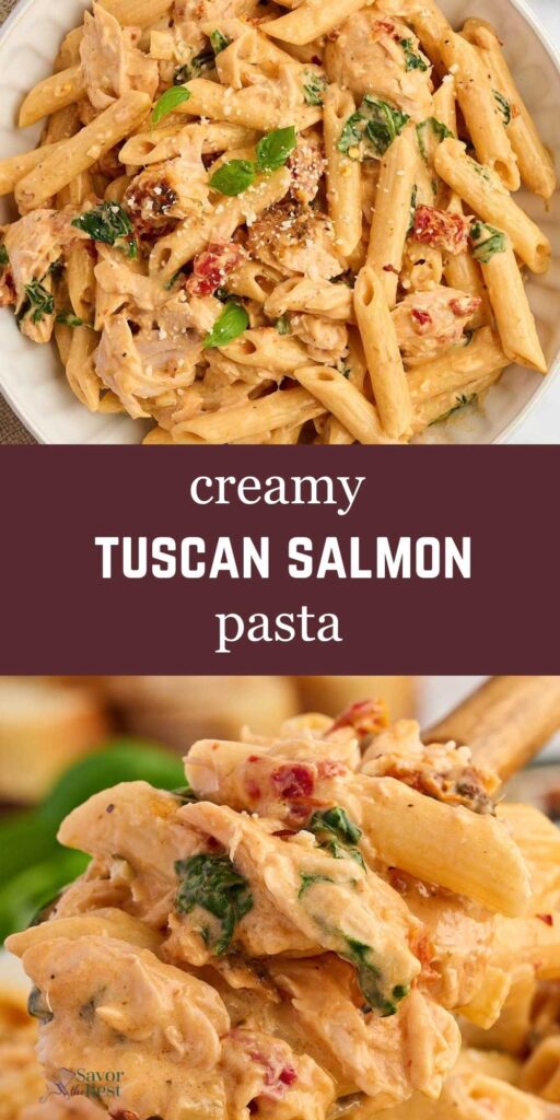 A pinterest image with two photos of salmon pasta with cream sauce.