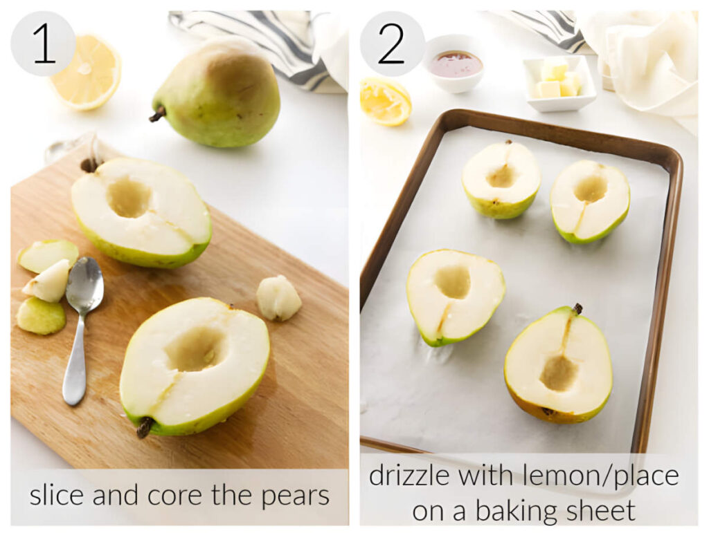 Halved pears being cored and prepared on board and baking sheet.