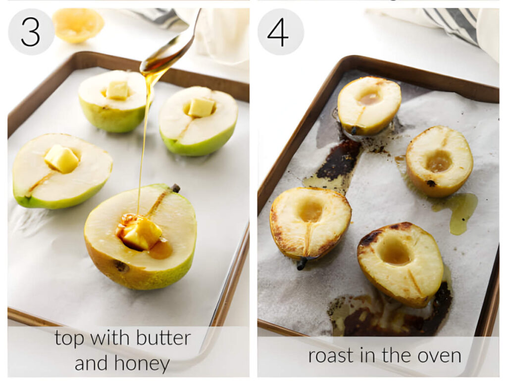 Pear halves prepared, then roasted to golden caramel on baking sheet.