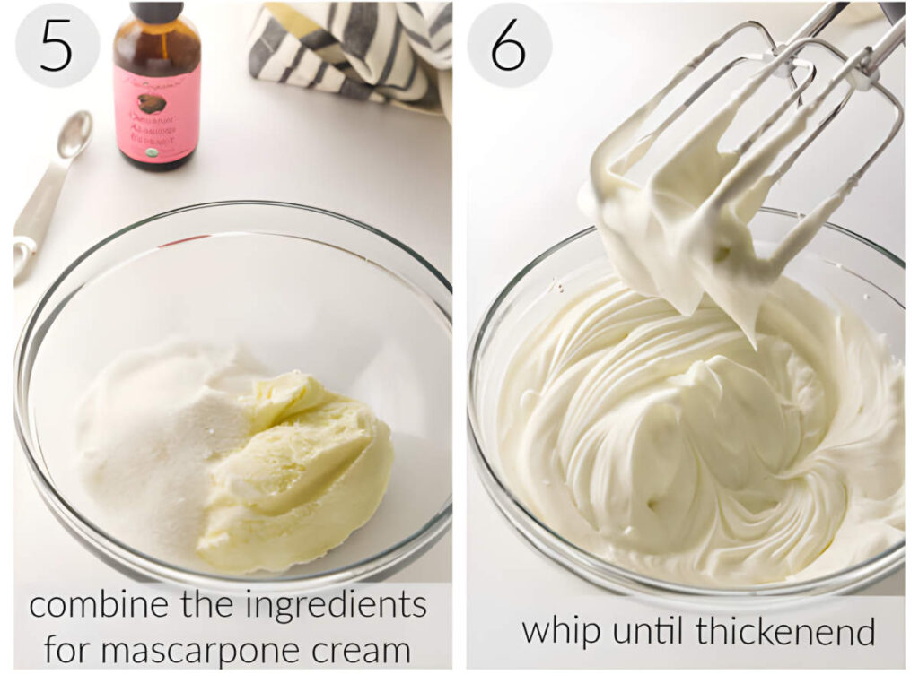 Mascarpone cream ingredients and mixing process in glass bowls.