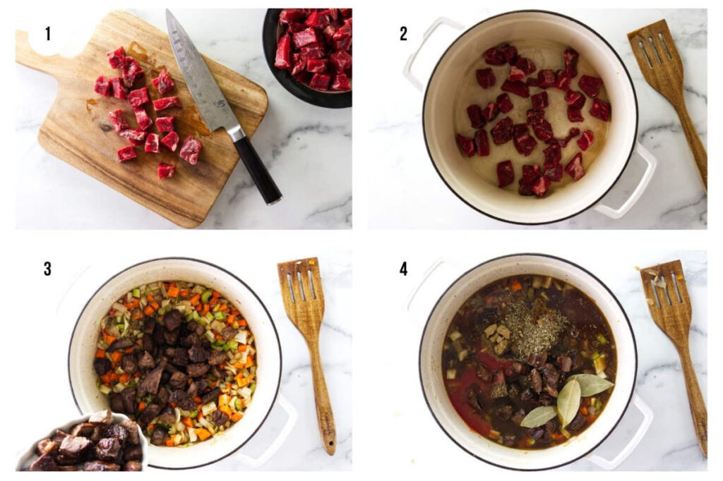 Steps of making beef barley stew: prepping, browning, adding veggies, pouring broth.