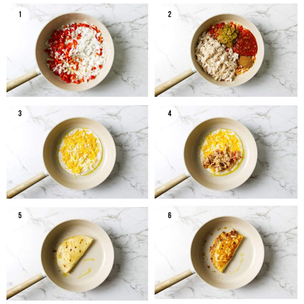 Six photos showing how to make chicken quesadillas in a skillet.