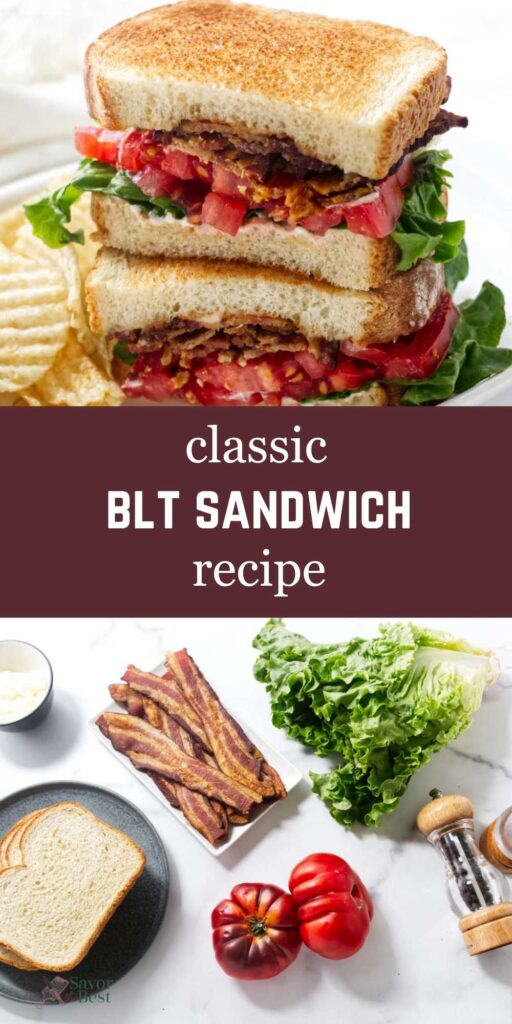 Tall pin image for a classic BLT sandwich recipe with bacon, lettuce, and tomato.
