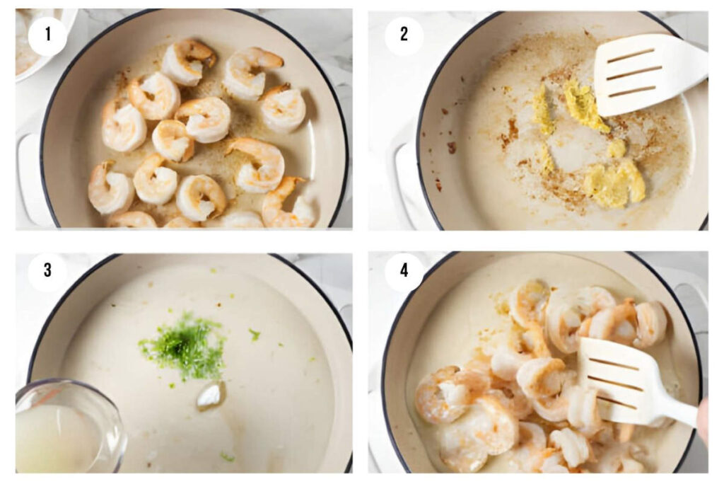 Shrimp being cooked step-by-step with garlic, ginger, and lime zest.