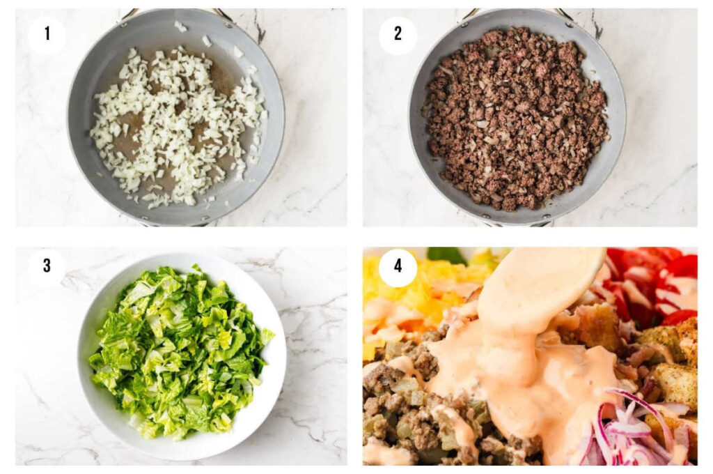 Four photos showing how to make cheeseburger salad.