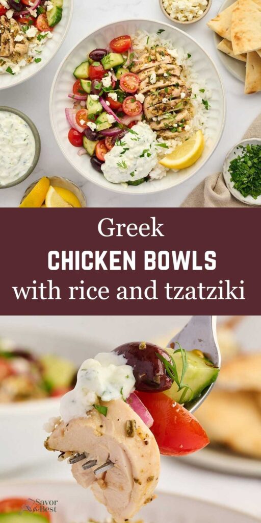 Greek chicken bowls with lemon herb chicken, rice, feta, olives, and tzatziki.
