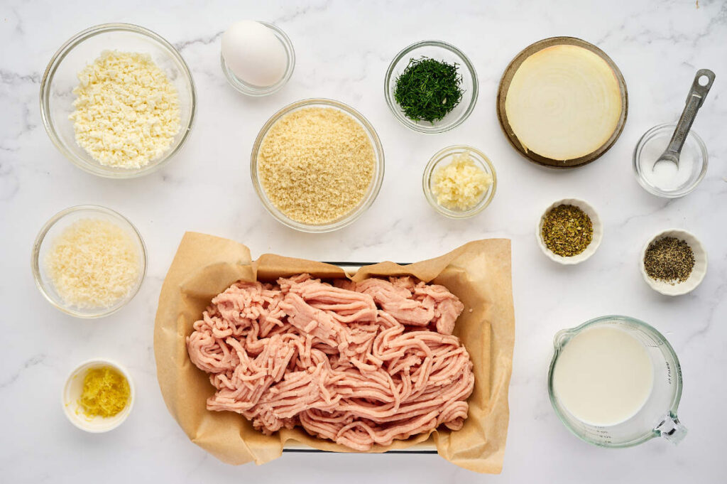 Ingredients for homemade Greek chicken meatballs.