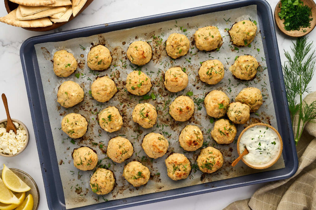 Mediterranean chicken meatballs with feta and herbs.