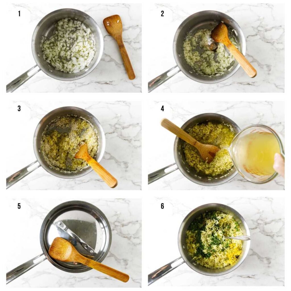 Step-by-step process photos for making Greek lemon rice.