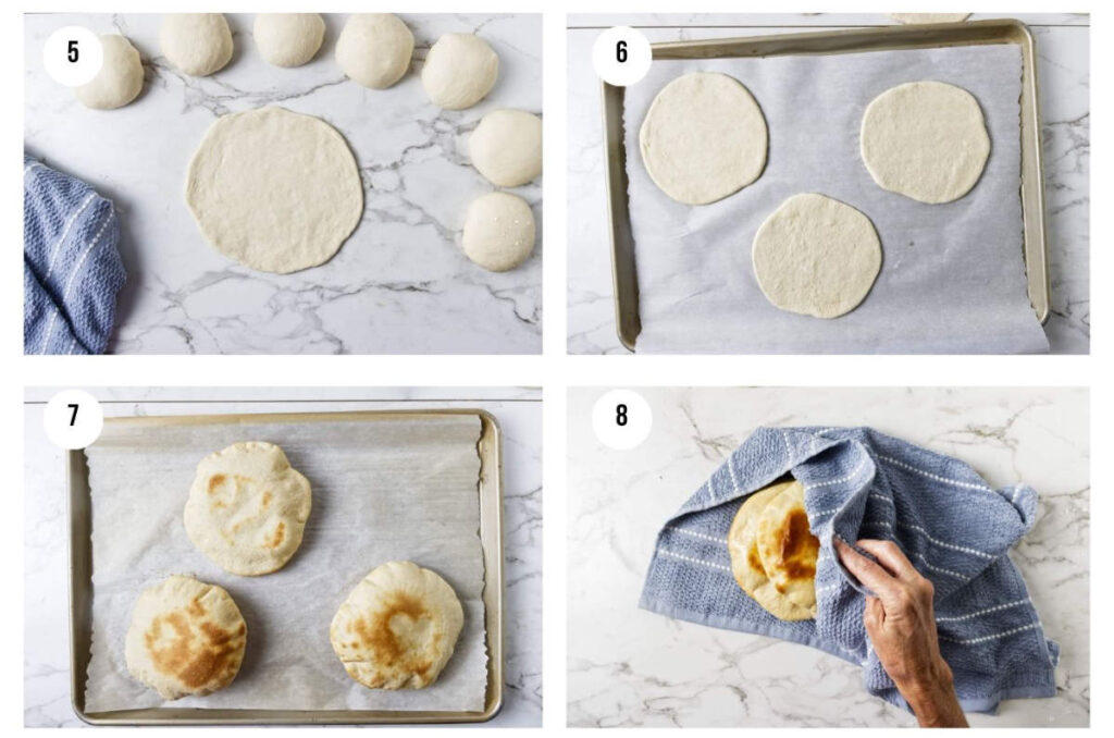 Process photos showing how to roll, shape, bake, and open homemade pita pockets.