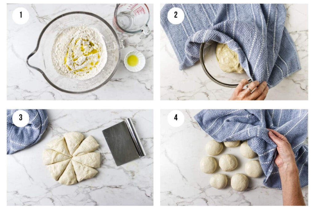 Step-by-step process collage for making homemade pita bread dough, shaping, baking, and filling.