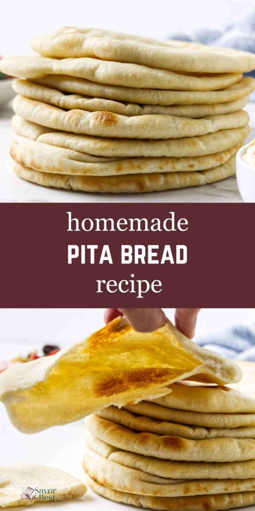 Pinterest image for homemade pita bread recipe with stacked pita and a filled pocket.