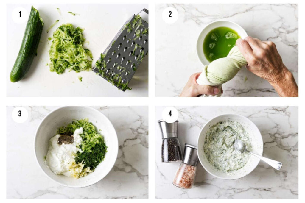 Tzatziki sauce making steps with cucumber, yogurt, and finished bowl.