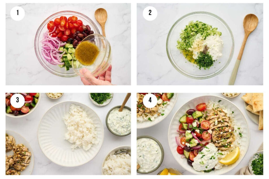 How to make Greek chicken bowls with rice, vegetables, feta, and tzatziki.