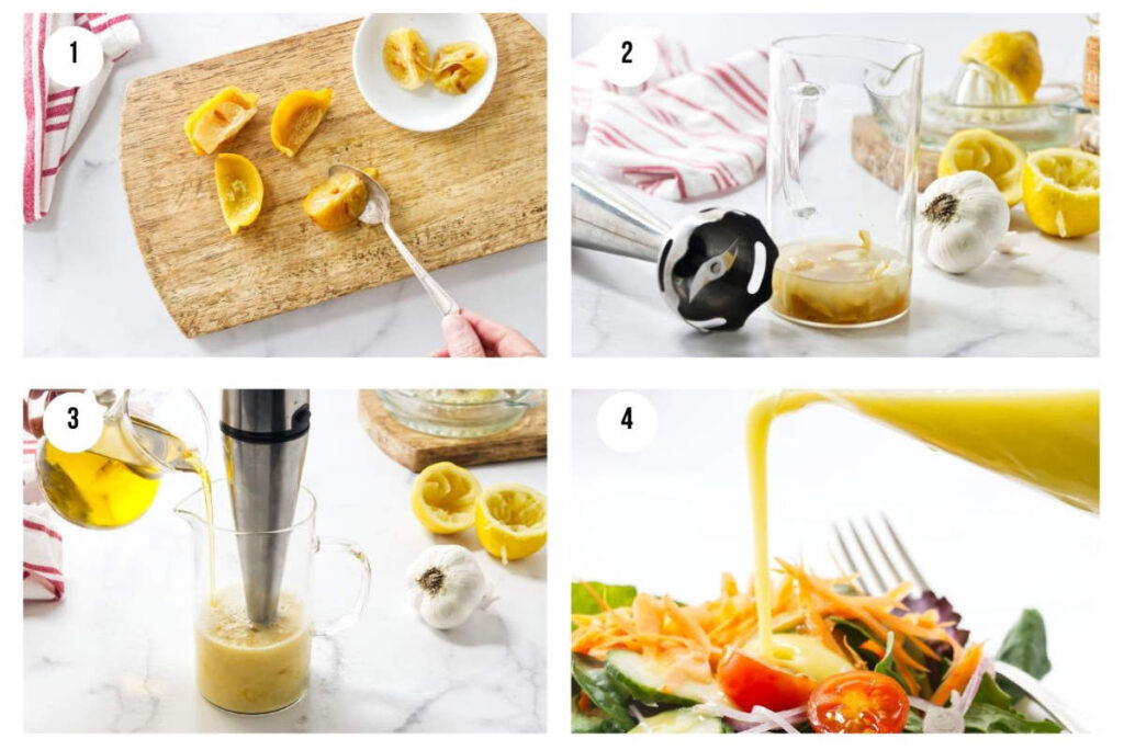 Four images showing how to make vinaigrette using preserved lemons.