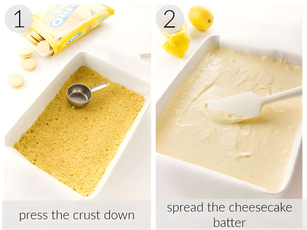 Two photos showing how to press a cookie crust into a dish then spread cheesecake mixture over the top.