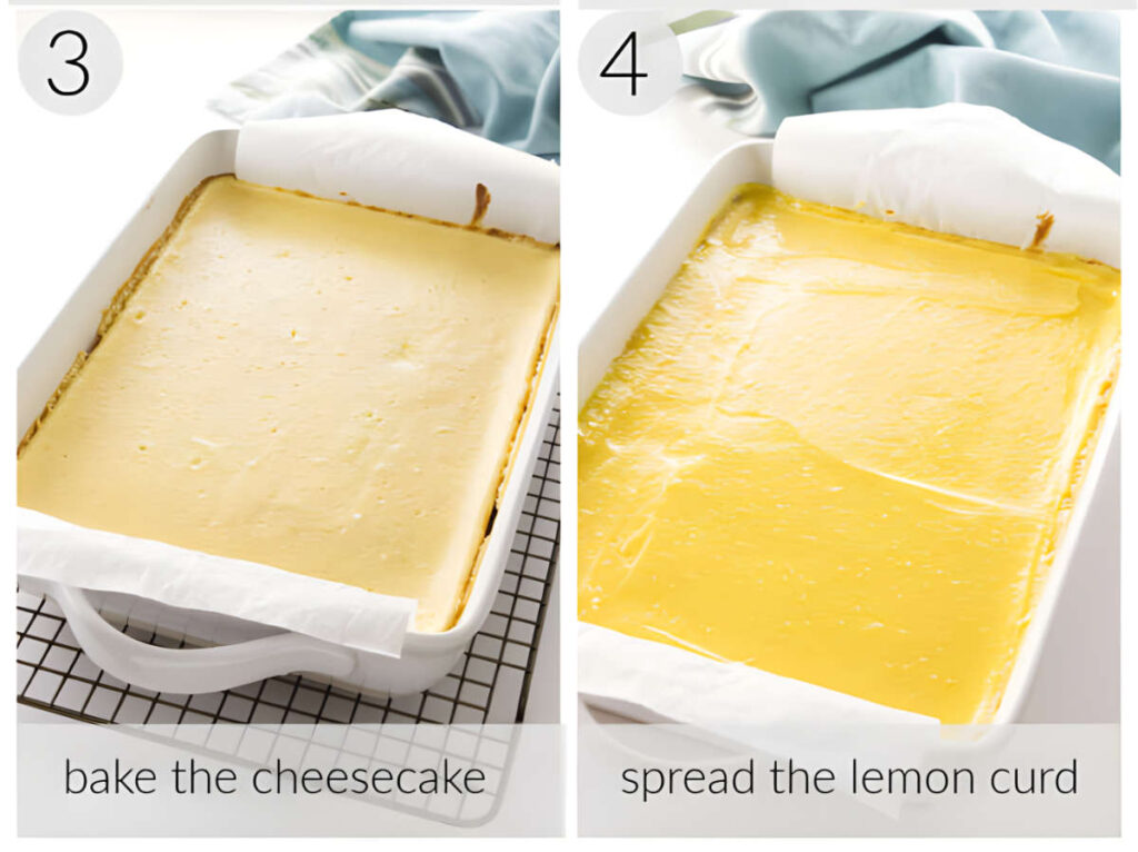 Two process photos showing how to make lemon cheesecake bars in a baking dish.