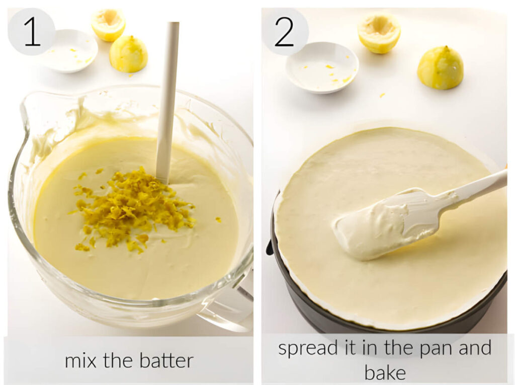 Mixing lemon zest batter, then spreading it in a pan to bake.