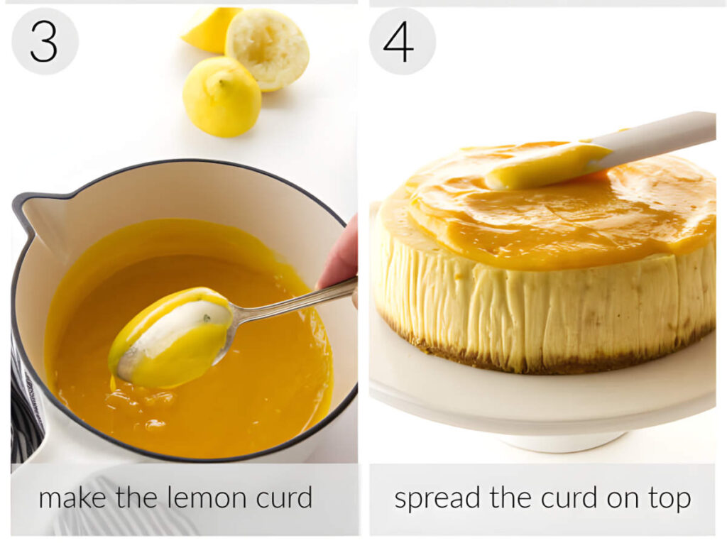 Spoon and spatula spreading lemon curd; cheesecake, lemons, instructions visible.