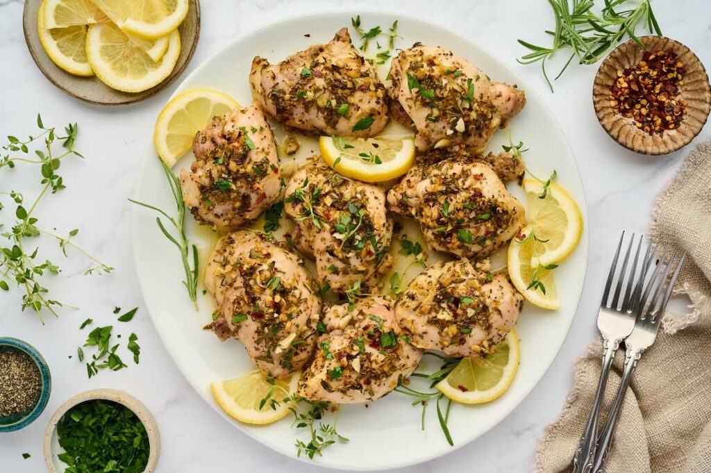Sliced Greek lemon chicken with golden edges and herb pan juices.