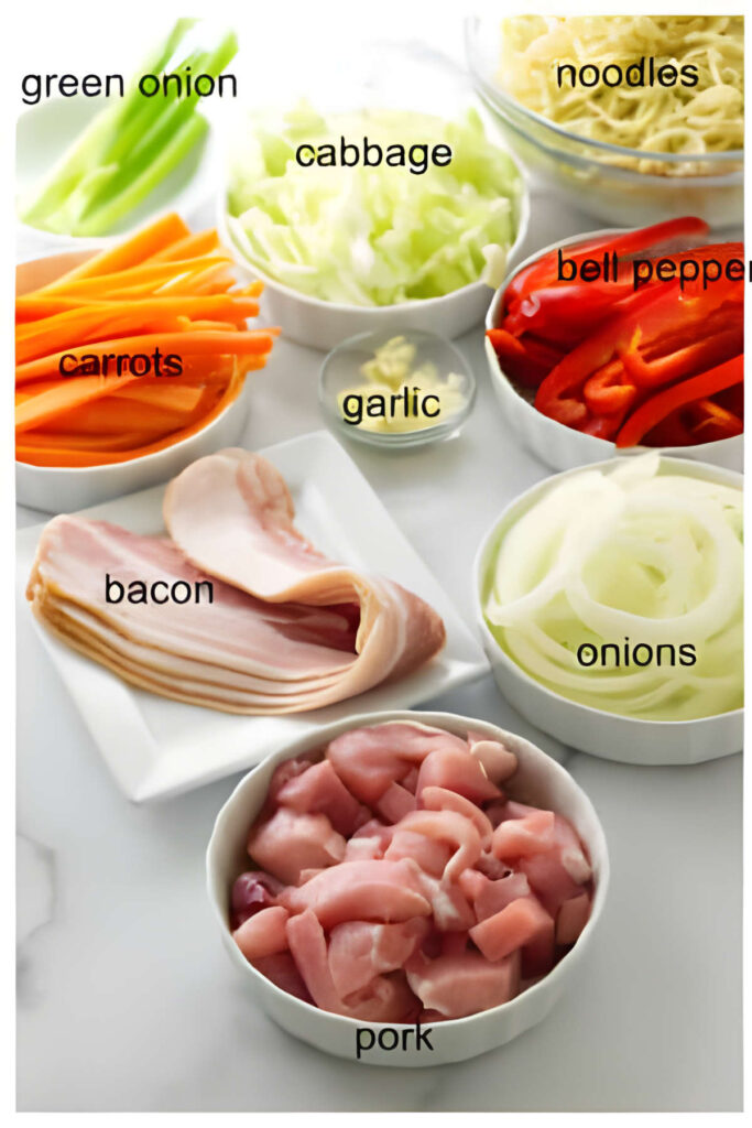 Ingredients used to make homemade pork yakisoba.