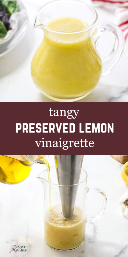 Pinterest image of preserved lemon vinaigrette dressing on a white counter.