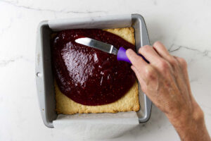 Shortbread jam bars with raspberry filling and a buttery crumb topping.