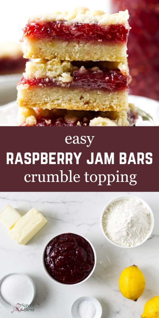 Pinterest image for raspberry jam bars with lemon shortbread crust and crumb topping.