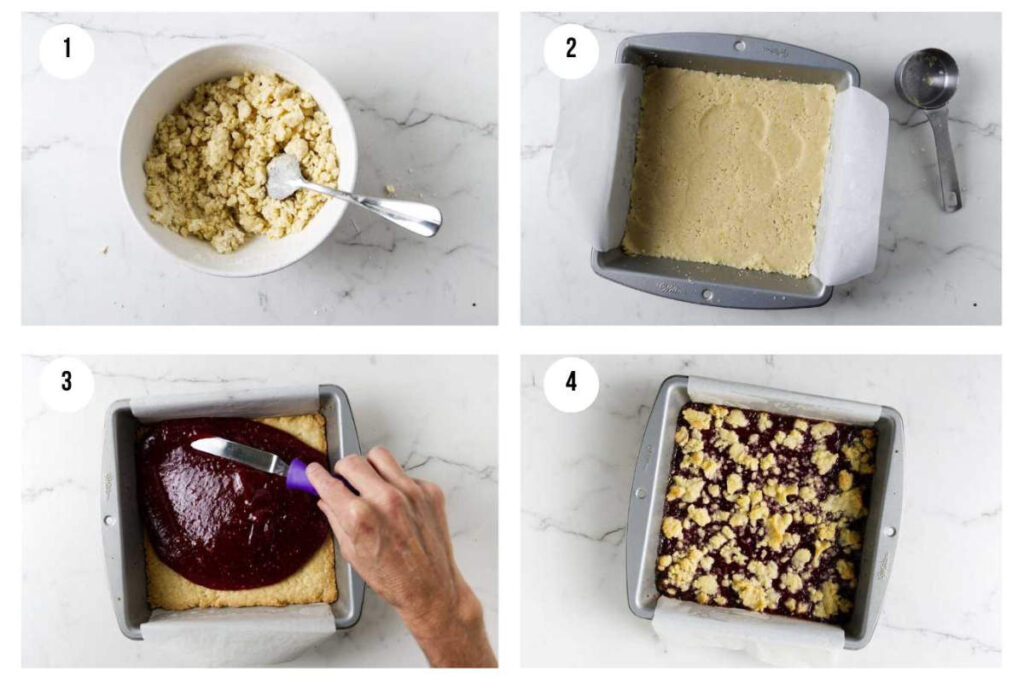 Step-by-step process collage for making raspberry jam bars with shortbread crumble.