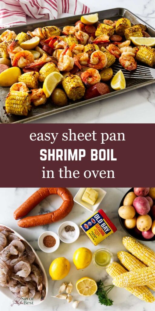 Sheet pan shrimp boil with shrimp, corn, potatoes, sausage, Old Bay, and lemon.
