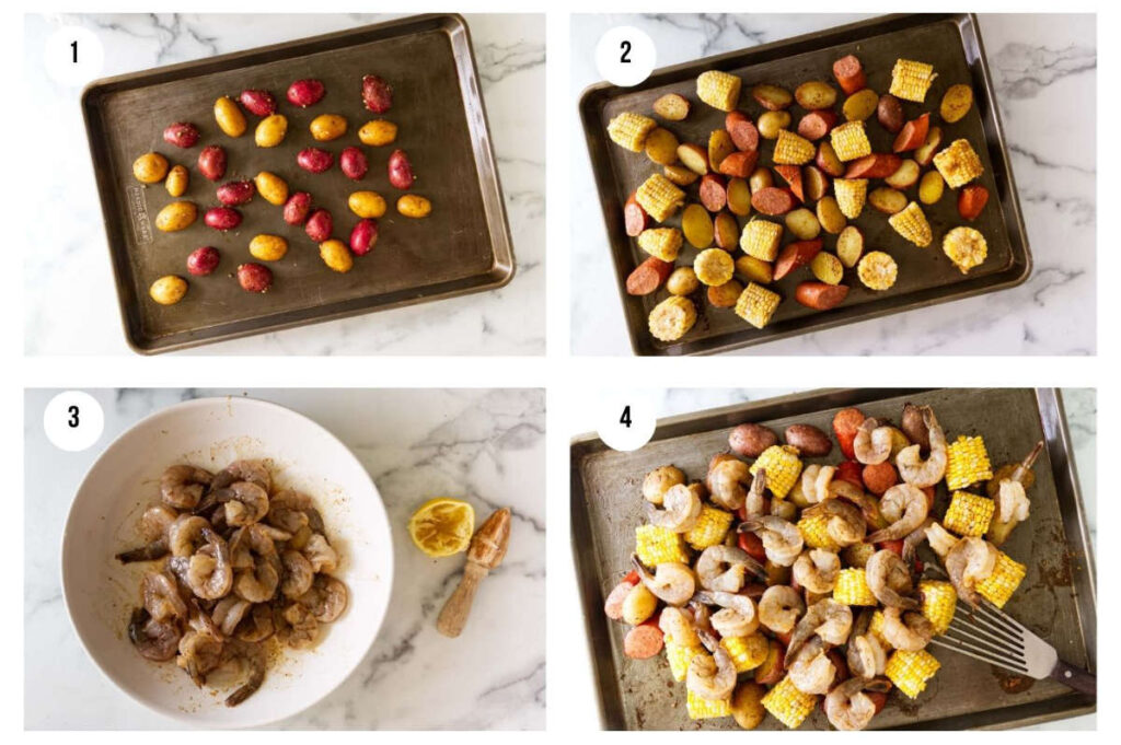 Step-by-step process photos for making a sheet pan shrimp boil in the oven.