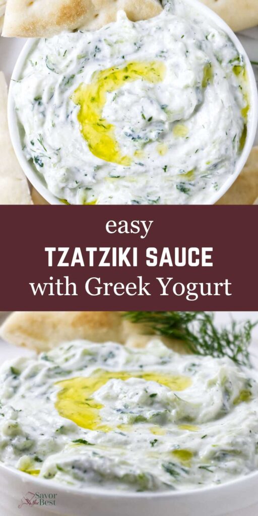 Tzatziki sauce in bowl with olive oil, pita, and herb garnish.