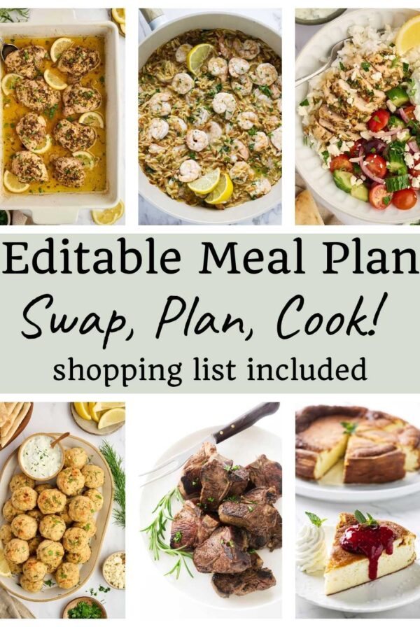 Collage of Mediterranean dishes with text about editable meal and shopping list.