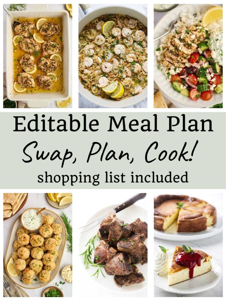 Collage of Mediterranean dishes with text about editable meal and shopping list.