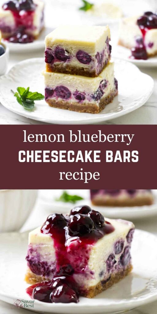 Blueberry cheesecake bars recipe with lemon and graham cracker crust.