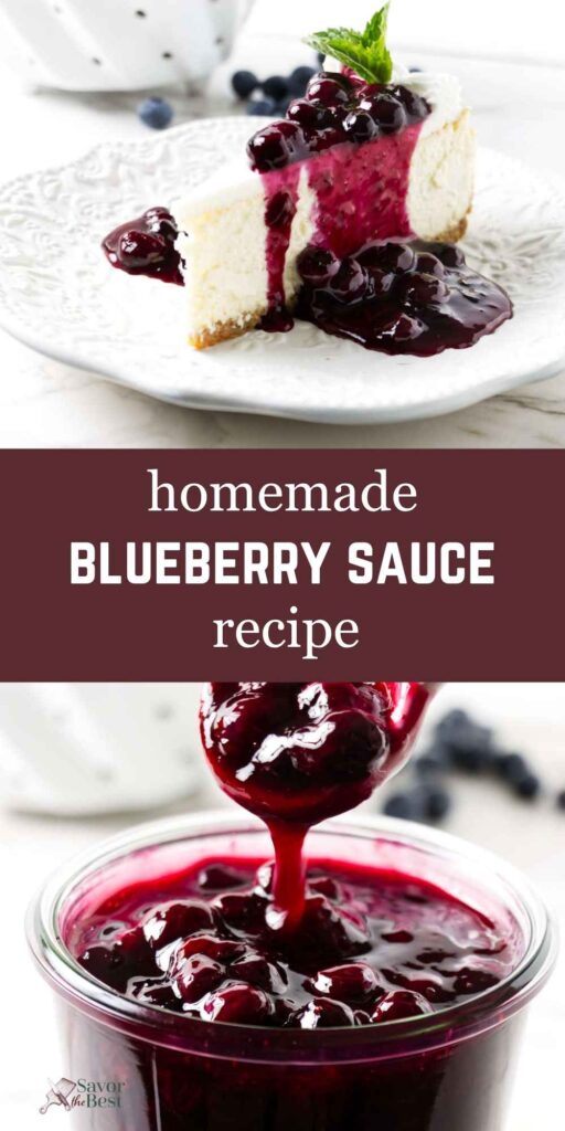 Blueberry sauce poured over cheesecake for serving.
