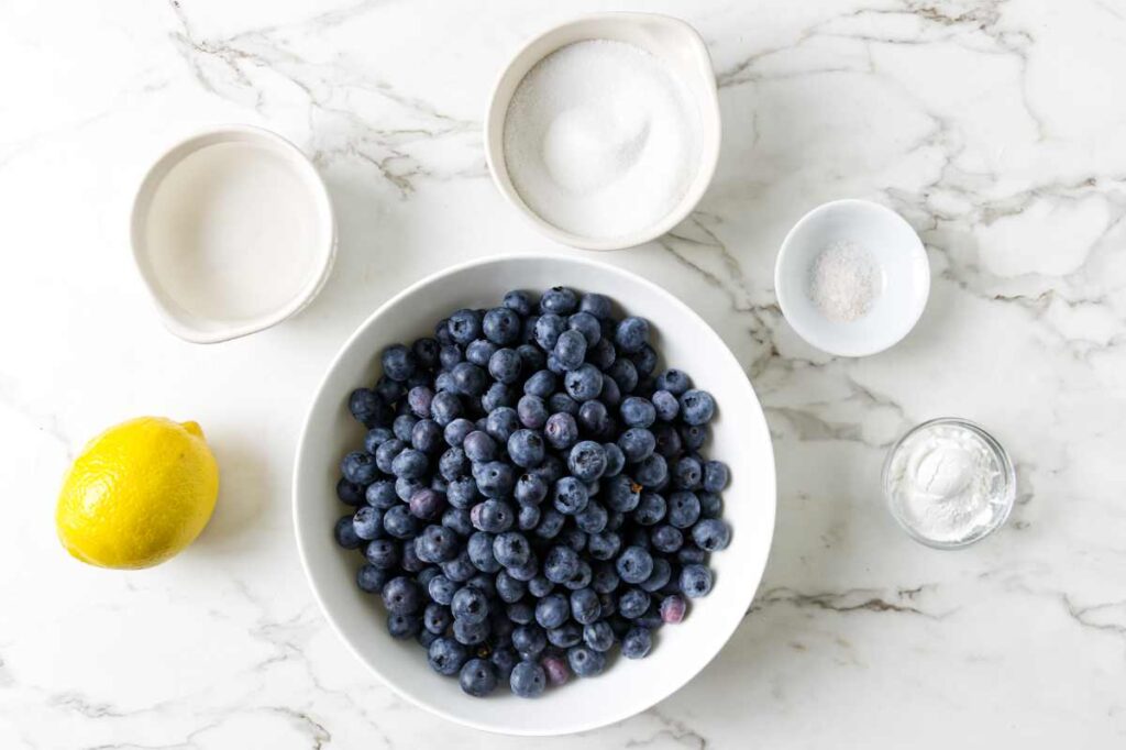 Ingredients for blueberry topping with cornstarch.