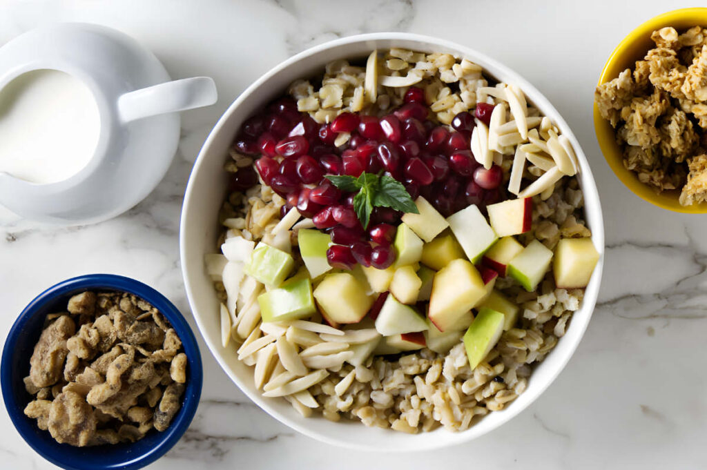 Whole oat groats bowl with fruit, nuts, and mint on marble surface.