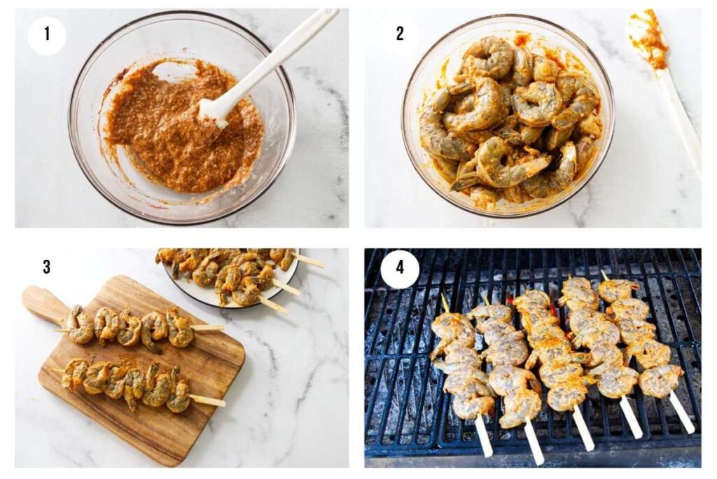 Step-by-step collage showing how to make spicy grilled shrimp skewers.