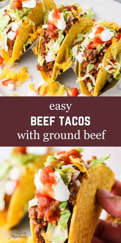 Easy beef tacos with ground beef, lettuce, cheese, tomatoes, and sour cream.