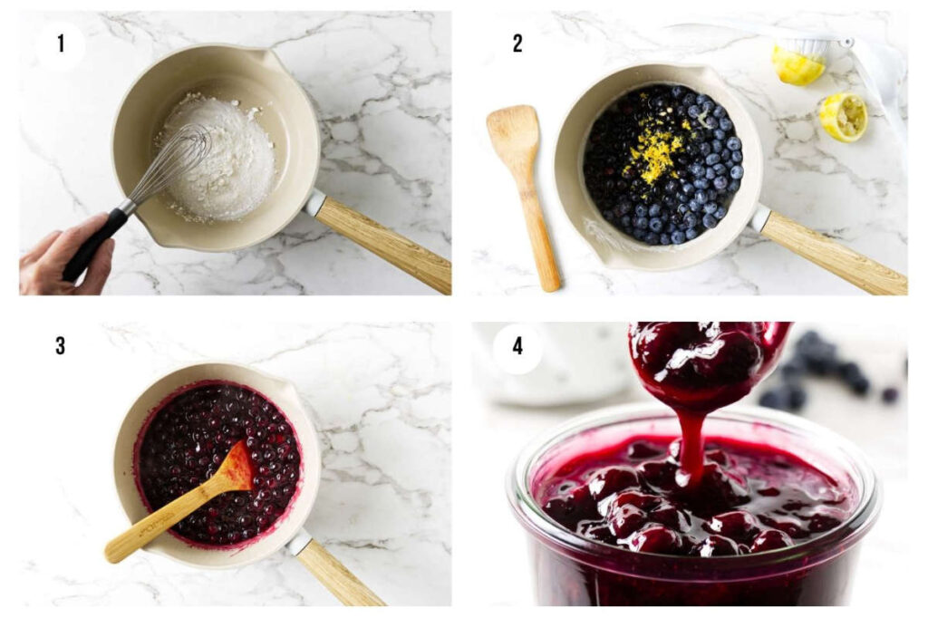 Step-by-step photos for making blueberry sauce recipe.