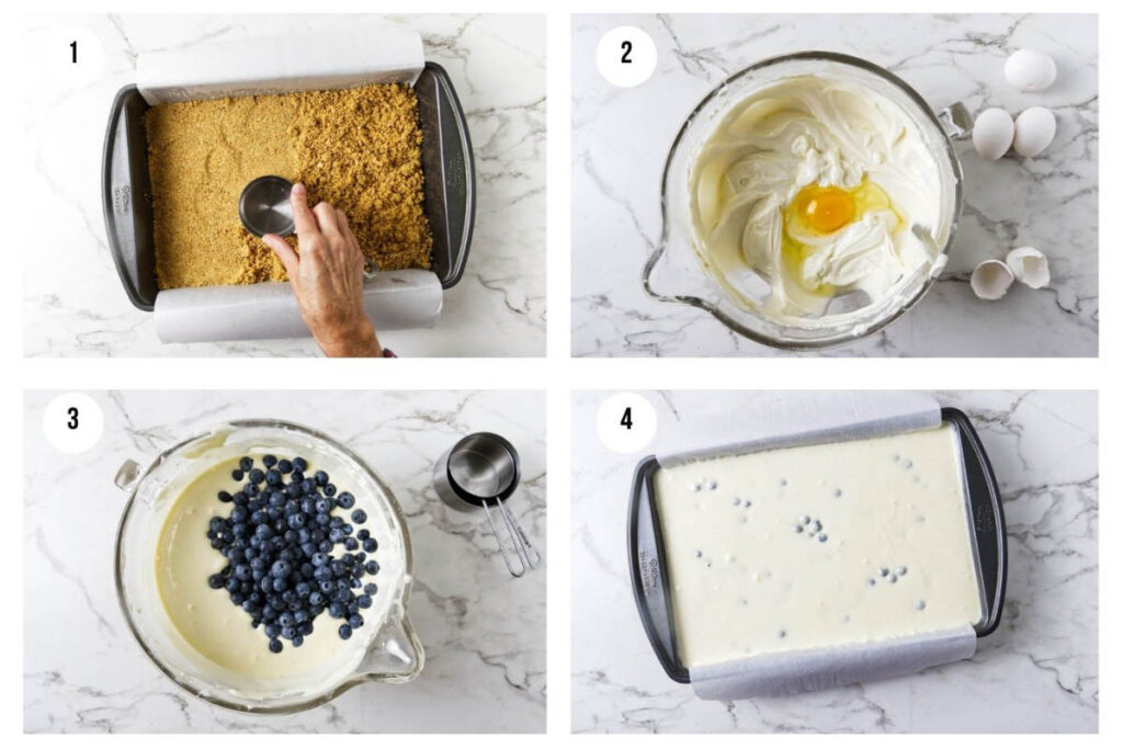 Step-by-step photos for making lemon blueberry cheesecake bars.