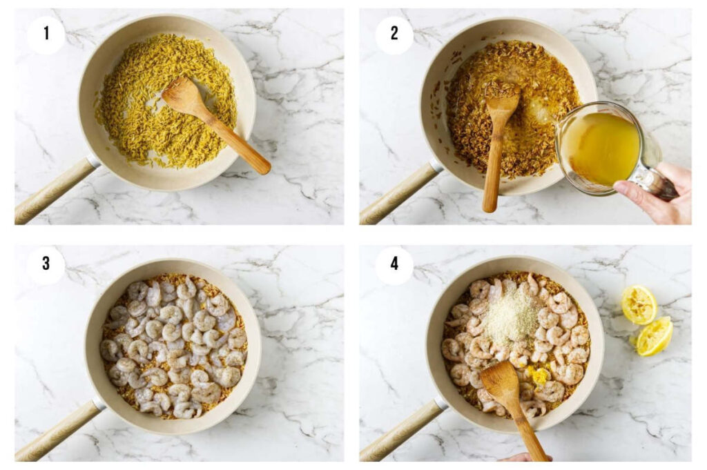 Step-by-step photos for making shrimp and orzo in one pot.