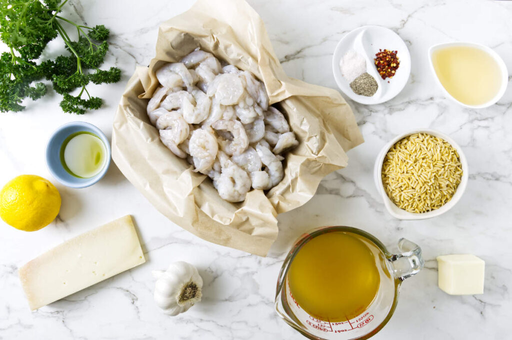 Ingredients for one pot lemon shrimp and orzo.