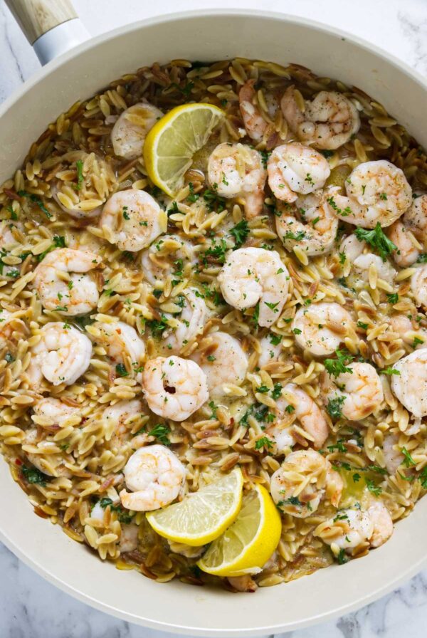 Shrimp and orzo recipe with tender shrimp and toasted pasta.