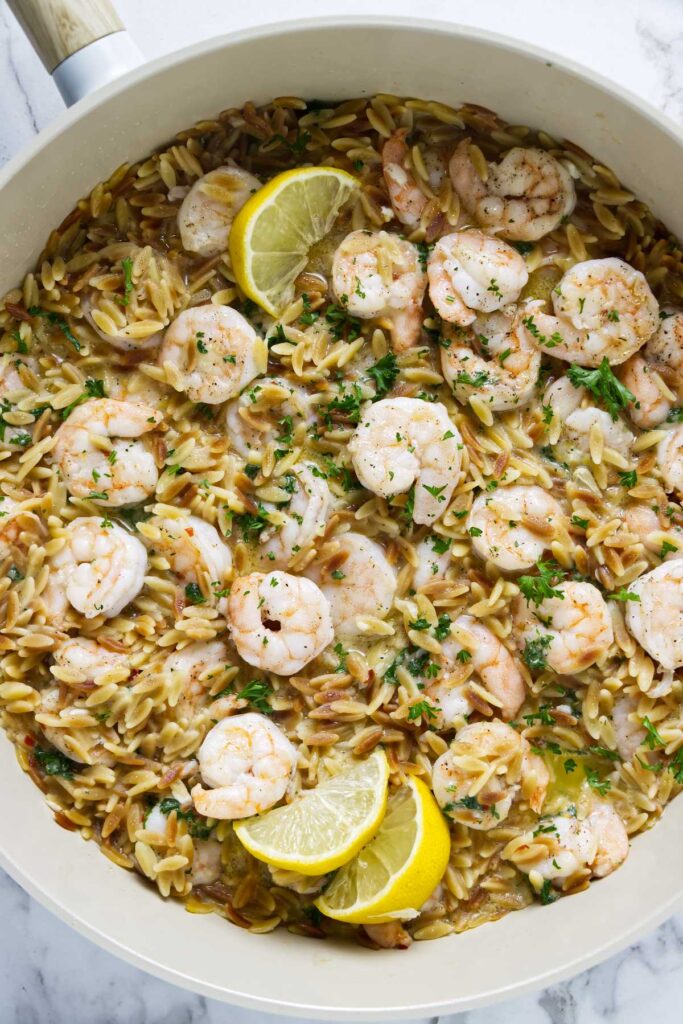 Shrimp and orzo recipe with tender shrimp and toasted pasta.