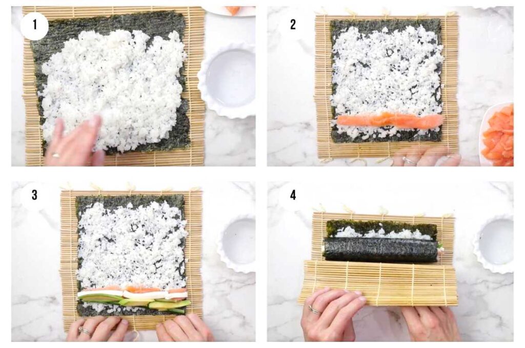 Four photos showing how to make philadelphia rolls with smoked salmon.