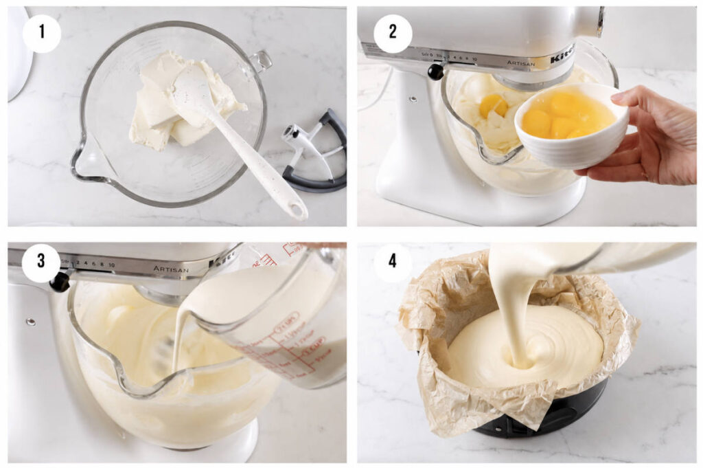 Making cake batter: mixing cream cheese, eggs, liquid, then pouring into pan.