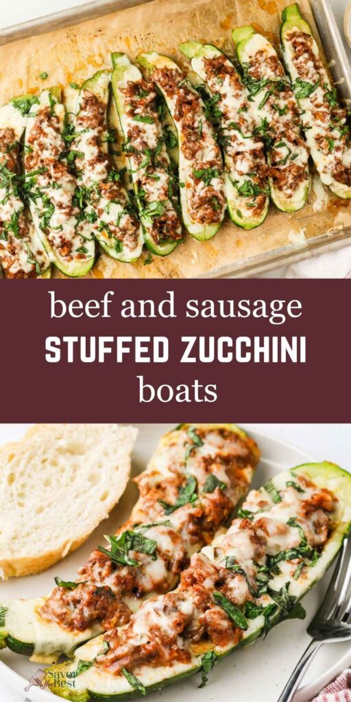Beef and sausage stuffed zucchini boats on a sheet pan and plated with bread.