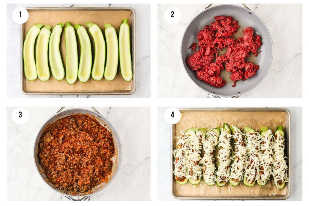 Step-by-step collage showing how to make stuffed zucchini boats.